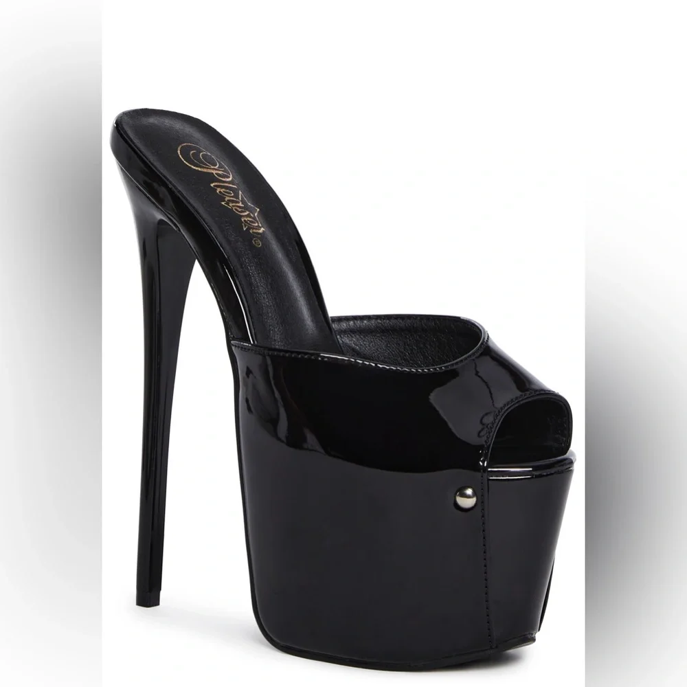 Pleaser 7 inch Black Platform Kitten Mules sz6 shiny PVC latex